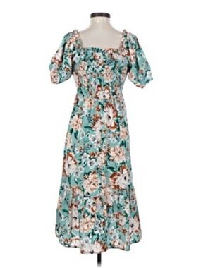 LC Lauren Conrad Balloon Sleeve Smocked Midi Dress Floral Teal Green Orange XL